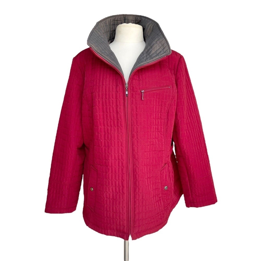 ST JOHN BAY Jacket Plus Sz 1X Red Gray Collar Full Zip Quilted Lined Snap Pocket